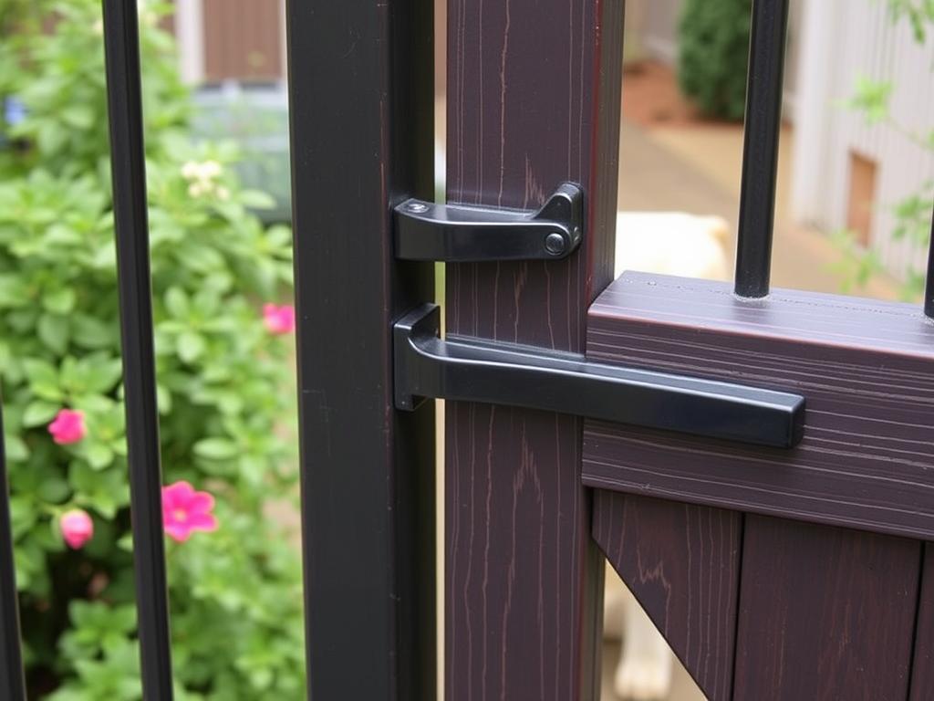 Secure gate with two-step latch and self-closing hinges Secure gate with two-step latch and self-closing hinges