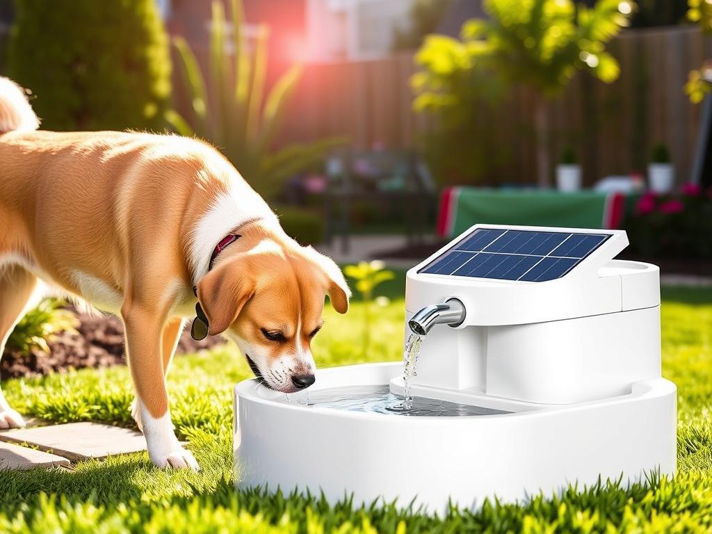 Solar-powered outdoor pet fountain with a dog drinking from it in a backyard setting Solar-powered outdoor pet fountain with a dog drinking from it in a backyard setting