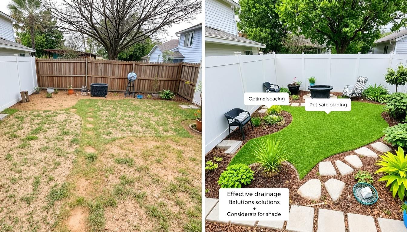 Transformative Pet-Friendly Backyard Design" Create a visually appealing illustration that depicts both the before and after states of a backyard transformed into a pet-friendly space. Split Screen Layout: Left Side (Before): Portray a standard backyard with common challenges such as damaged grass, cluttered spaces, and a pet looking uncomfortable. Right Side (After): Showcase a beautifully transformed backyard featuring: Artificial Turf: Realistic and lush for play areas. Elevated Pet Bed with Canopy: A shaded, comfortable lounging spot. Solar-Powered Pet Fountain: Fresh water with eco-friendly design. Modular Fence Panels: Defined, safe zones using flexible, attractive borders. Pet Activity Center: An engaging structure featuring various play elements. Annotations and Text: Point out each element with brief annotations, such as "Durable Turf", "Customizable Shade", "Eco-Friendly Water Source", and "Adaptive Boundaries". Include expert tips like, "Plan for drainage and sun protection", "Create dedicated play/rest areas", and "Secure installations to landscape". Visual Style: Use vibrant colors to differentiate before and after scenes, emphasizing transformation efficiency and aesthetic enhancement. Ensure clarity in design elements for easy identification and inspiration. Transformative Pet-Friendly Backyard Design" Create a visually appealing illustration that depicts both the before and after states of a backyard transformed into a pet-friendly space. Split Screen Layout: Left Side (Before): Portray a standard backyard with common challenges such as damaged grass, cluttered spaces, and a pet looking uncomfortable. Right Side (After): Showcase a beautifully transformed backyard featuring: Artificial Turf: Realistic and lush for play areas. Elevated Pet Bed with Canopy: A shaded, comfortable lounging spot. Solar-Powered Pet Fountain: Fresh water with eco-friendly design. Modular Fence Panels: Defined, safe zones using flexible, attractive borders. Pet Activity Center: An engaging structure featuring various play elements. Annotations and Text: Point out each element with brief annotations, such as "Durable Turf", "Customizable Shade", "Eco-Friendly Water Source", and "Adaptive Boundaries". Include expert tips like, "Plan for drainage and sun protection", "Create dedicated play/rest areas", and "Secure installations to landscape". Visual Style: Use vibrant colors to differentiate before and after scenes, emphasizing transformation efficiency and aesthetic enhancement. Ensure clarity in design elements for easy identification and inspiration.