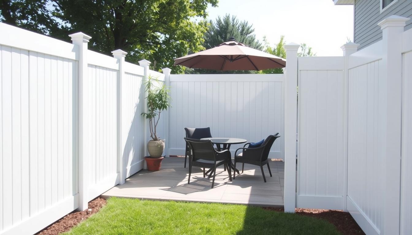 White vinyl privacy fence enclosing a backyard patio area White vinyl privacy fence enclosing a backyard patio area