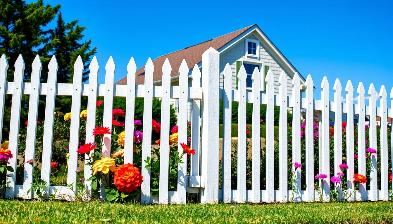 White wooden picket fence surrounding a cottage-style front yard White wooden picket fence surrounding a cottage-style front yard