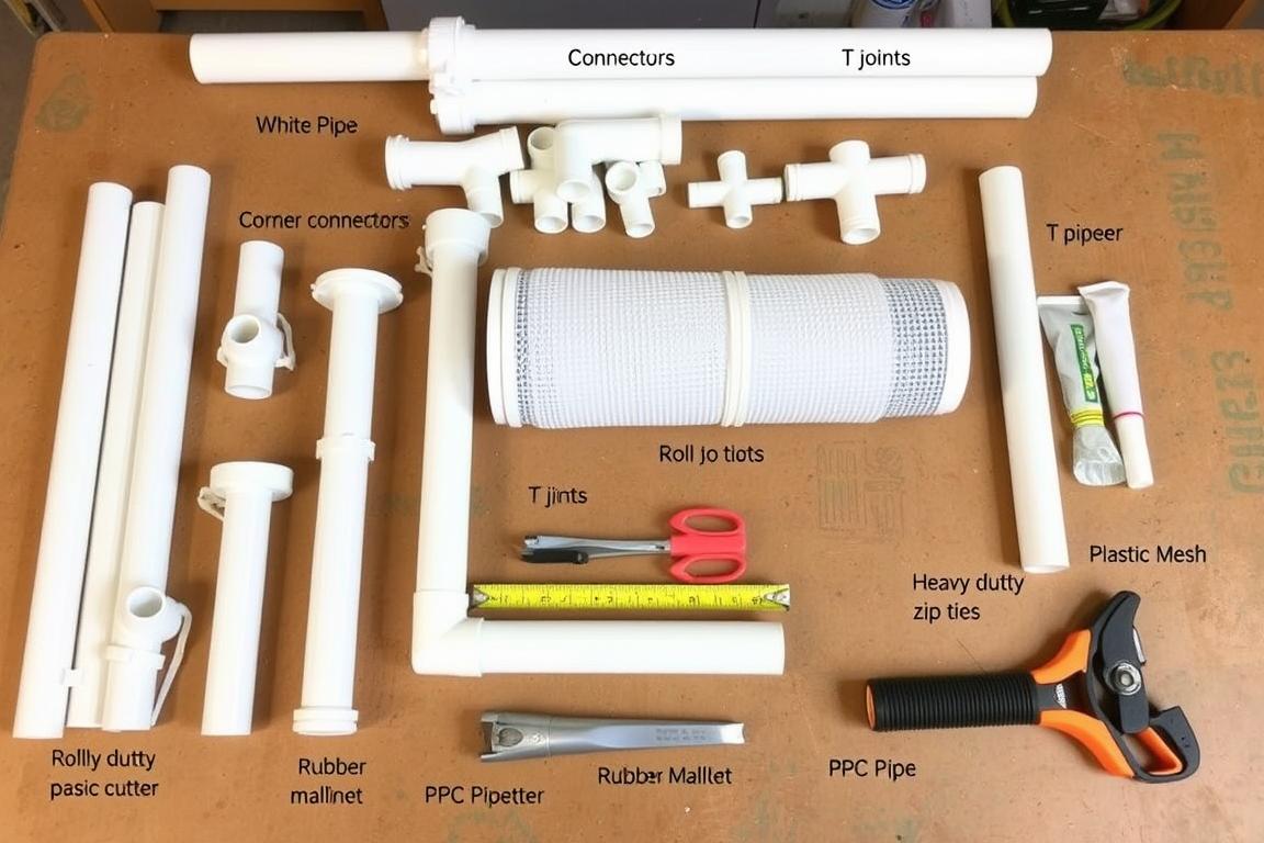 All supplies needed for DIY PVC pipe puppy pen laid out All supplies needed for DIY PVC pipe puppy pen laid out