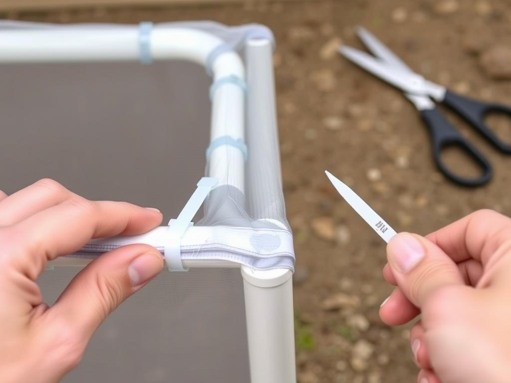 Attaching plastic mesh to the PVC pipe frame with zip ties Attaching plastic mesh to the PVC pipe frame with zip ties