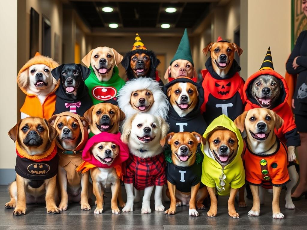 Collection of funny dog Halloween costumes on display Collection of funny dog Halloween costumes on display