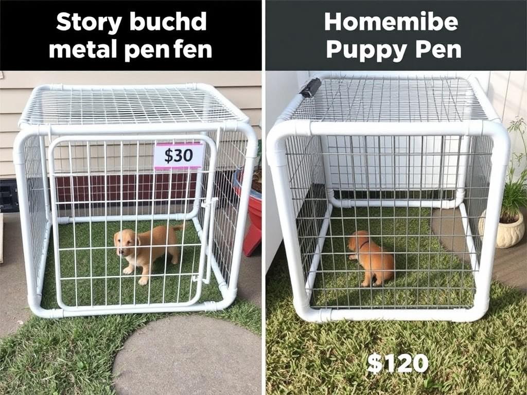 Comparison between store-bought metal pen and DIY PVC pipe puppy pen Comparison between store-bought metal pen and DIY PVC pipe puppy pen
