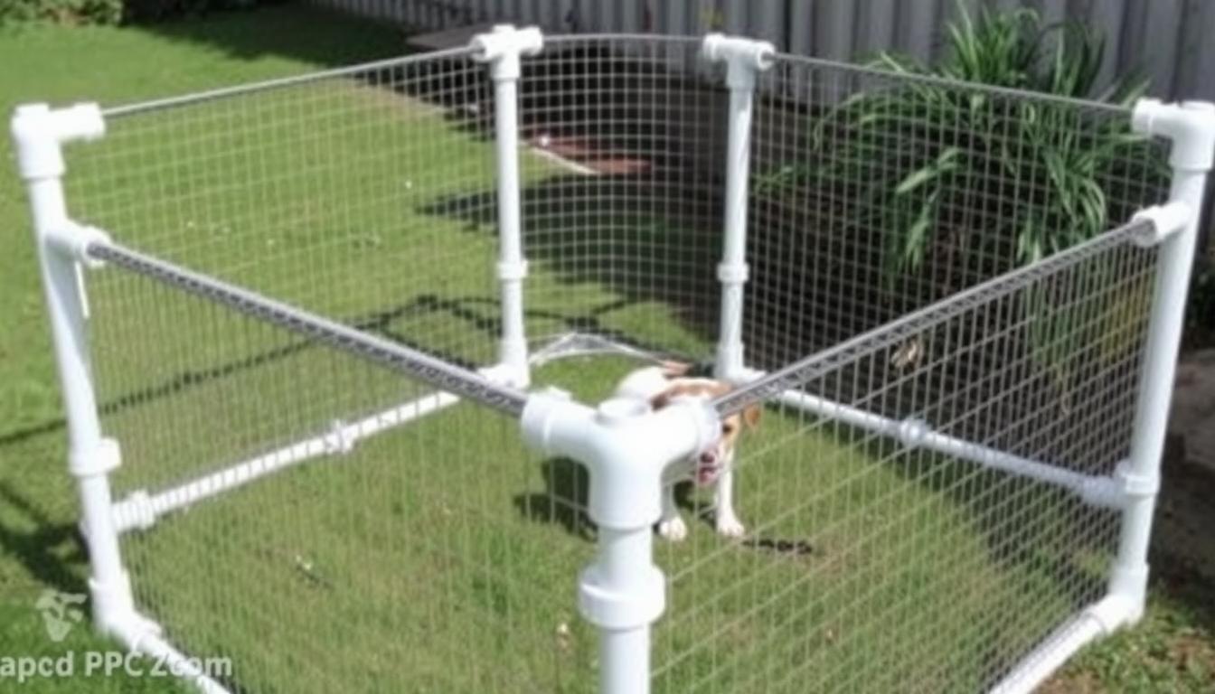 Completed DIY PVC pipe puppy pen with a small puppy playing inside