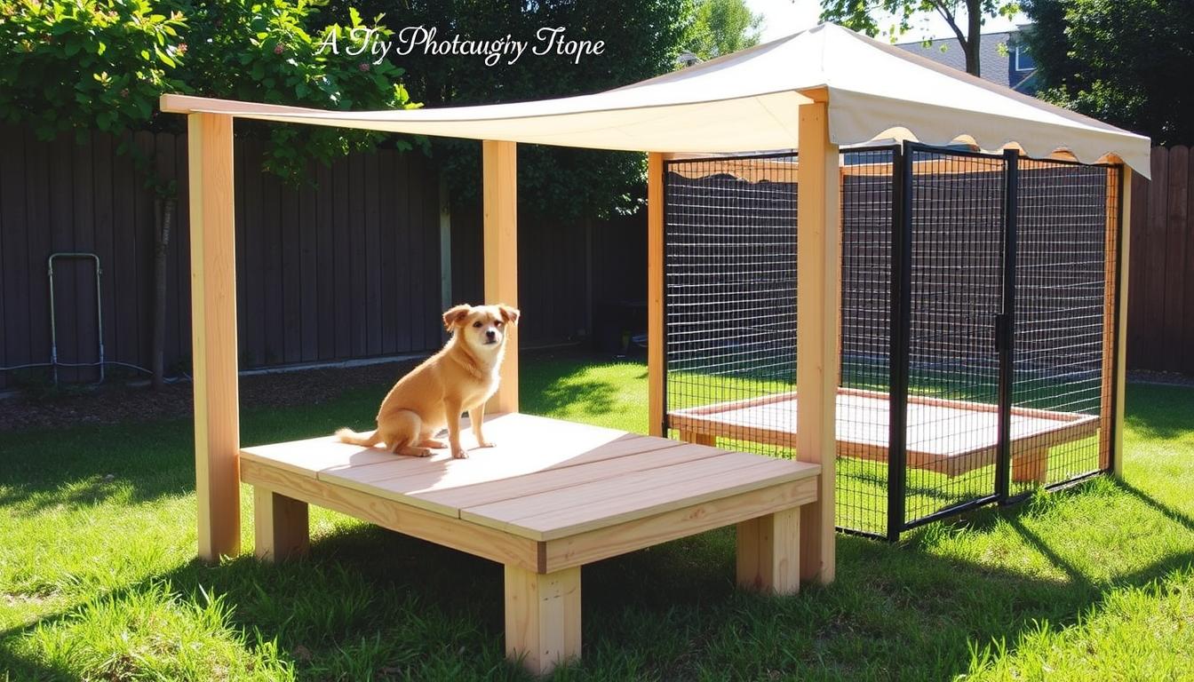 DIY outdoor puppy pen with raised bed platform and shade canopy DIY outdoor puppy pen with raised bed platform and shade canopy