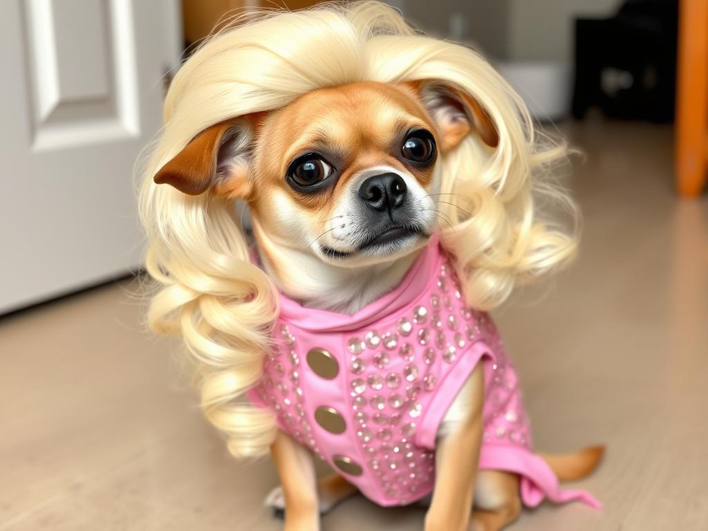 Dog wearing a Dolly Parton costume with blonde wig Dog wearing a Dolly Parton costume with blonde wig
