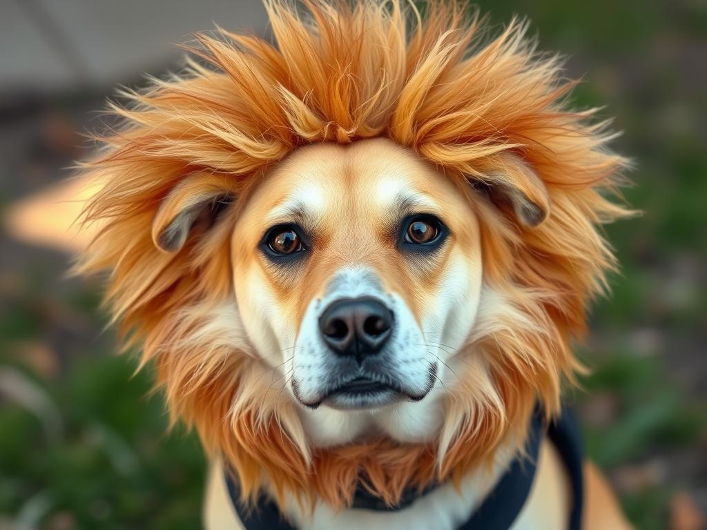 Dog wearing a lion mane costume Dog wearing a lion mane costume