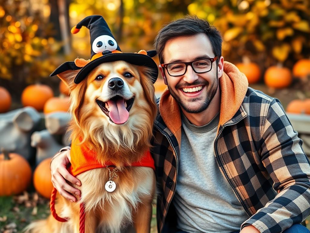 Happy dog and owner in matching Halloween costumes Happy dog and owner in matching Halloween costumes