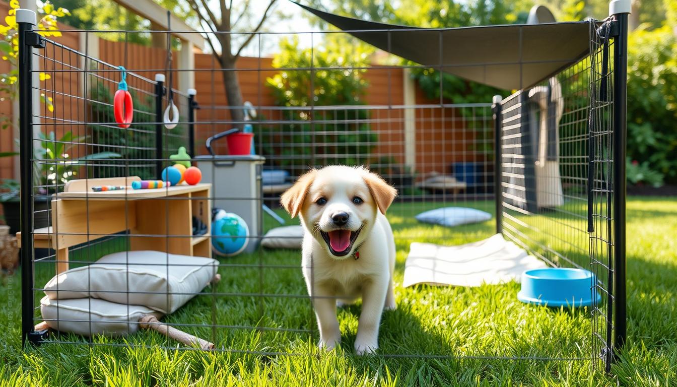 Happy puppy enjoying a DIY outdoor pen with toys and comfortable bedding Happy puppy enjoying a DIY outdoor pen with toys and comfortable bedding