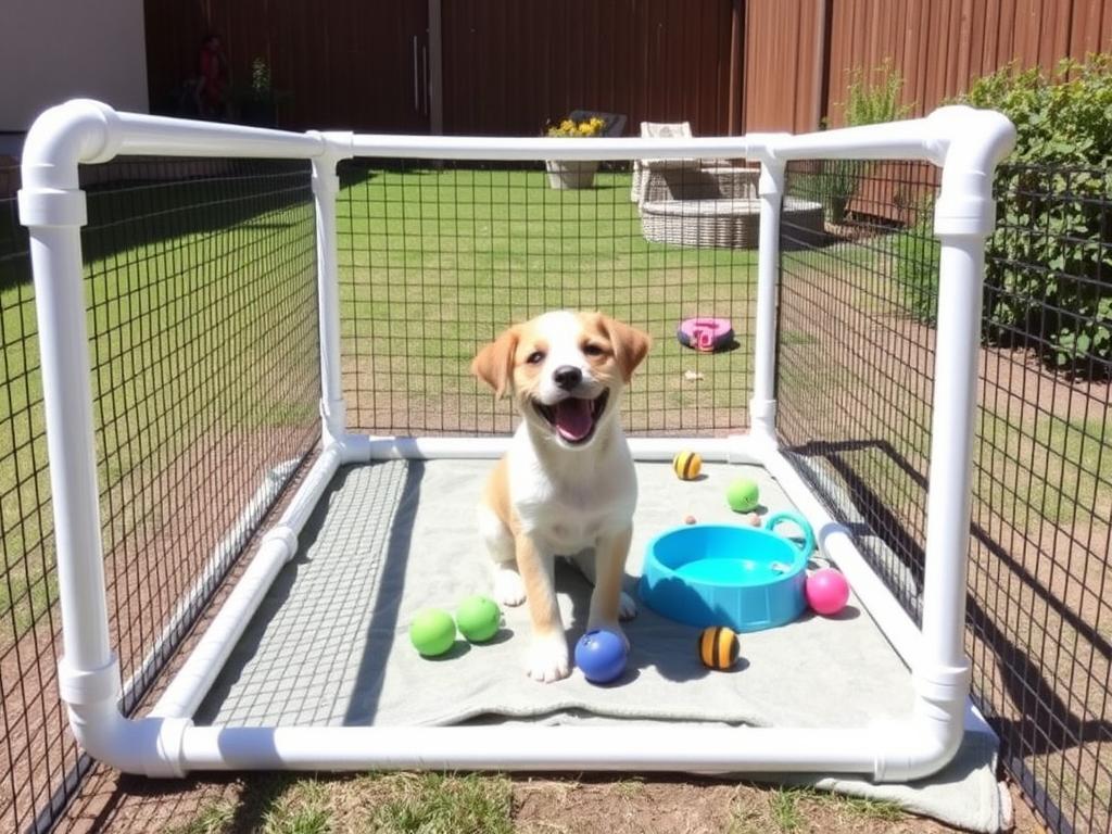 Happy puppy playing in completed DIY PVC pipe puppy pen Happy puppy playing in completed DIY PVC pipe puppy pen