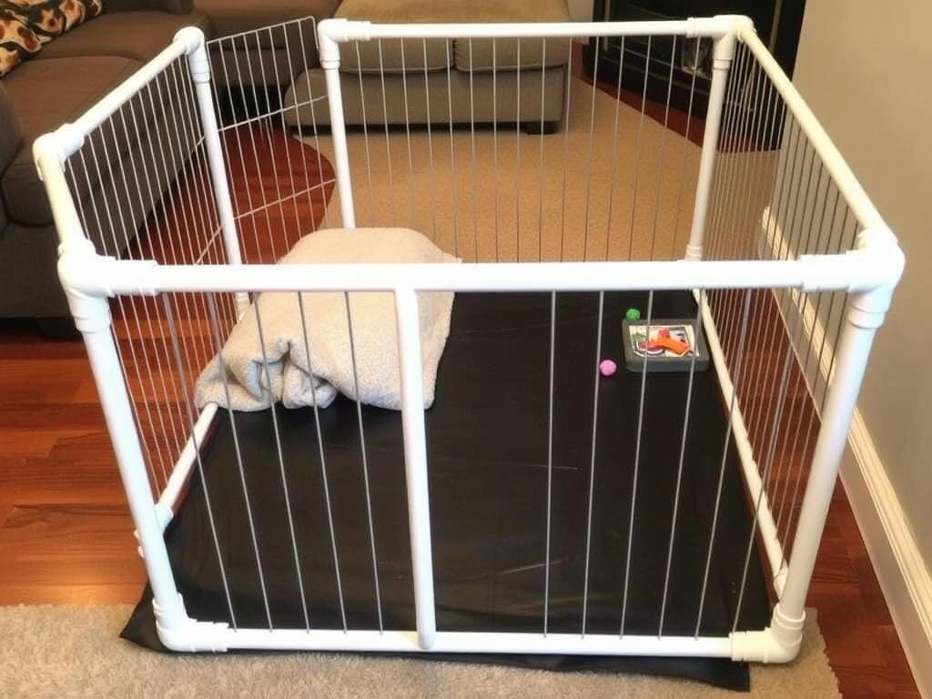 Indoor PVC pipe puppy pen with vinyl floor and blanket Indoor PVC pipe puppy pen with vinyl floor and blanket