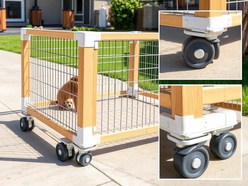 Mobile DIY outdoor puppy pen with locking wheels for easy repositioning Mobile DIY outdoor puppy pen with locking wheels for easy repositioning