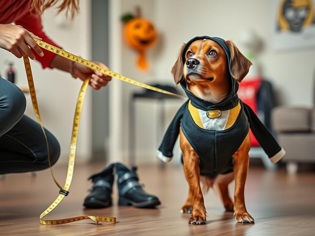 Owner measuring dog for Halloween costume Owner measuring dog for Halloween costume