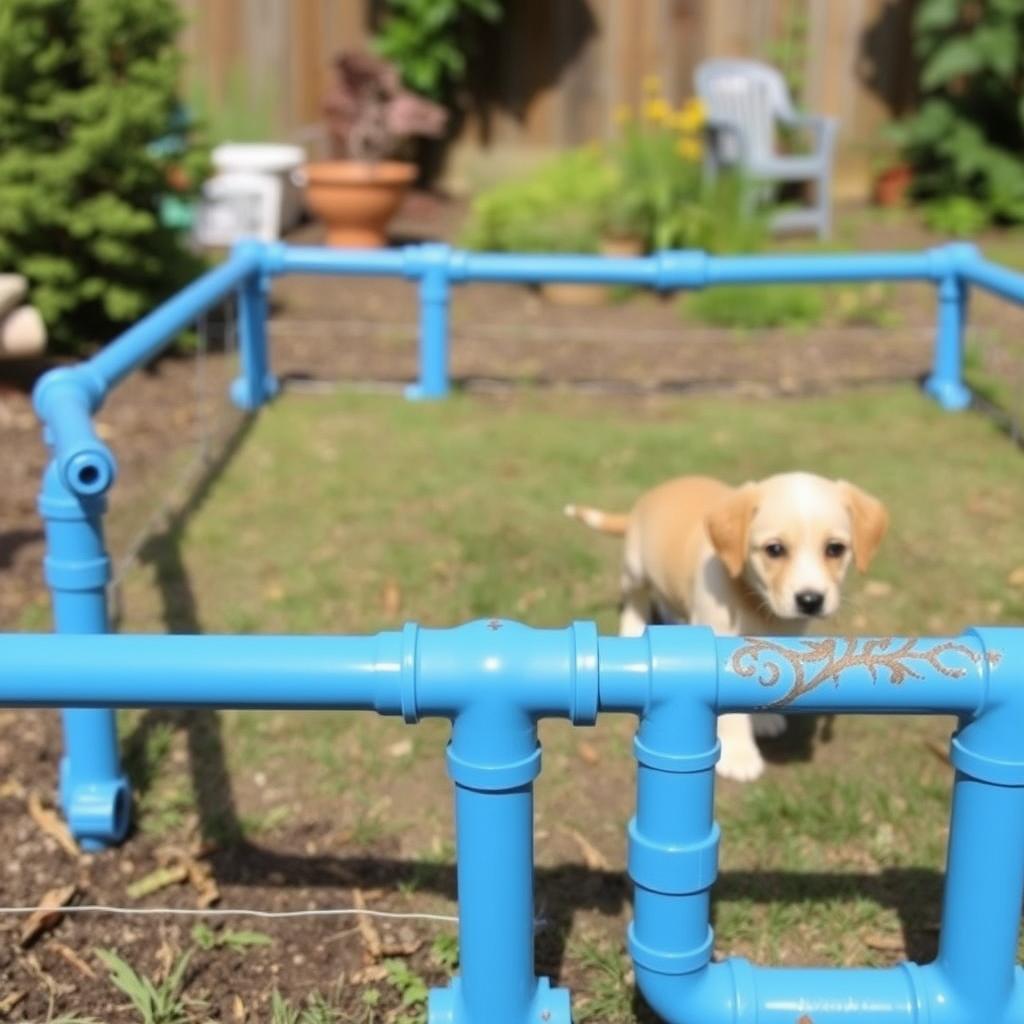 Painted PVC pipe puppy pen in a stylish blue color Painted PVC pipe puppy pen in a stylish blue color