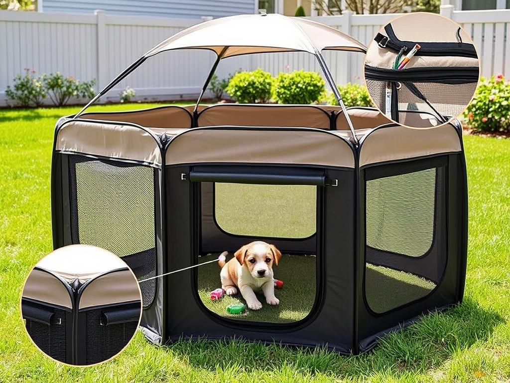 Pop-up fabric puppy playpen set up in a backyard Pop-up fabric puppy playpen set up in a backyard