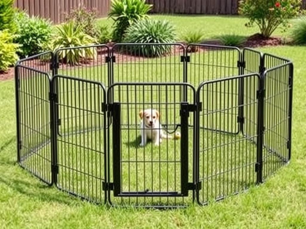 Portable metal exercise panels arranged as a DIY outdoor puppy pen Portable metal exercise panels arranged as a DIY outdoor puppy pen