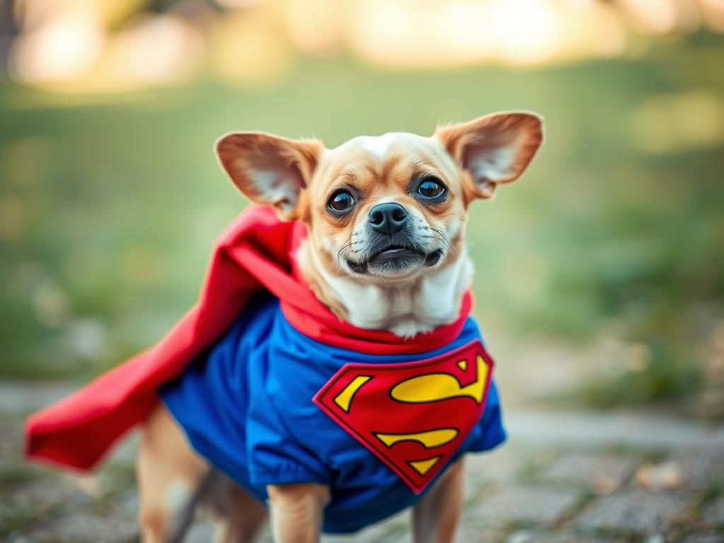 Small dog wearing a Superman costume with cape Small dog wearing a Superman costume with cape