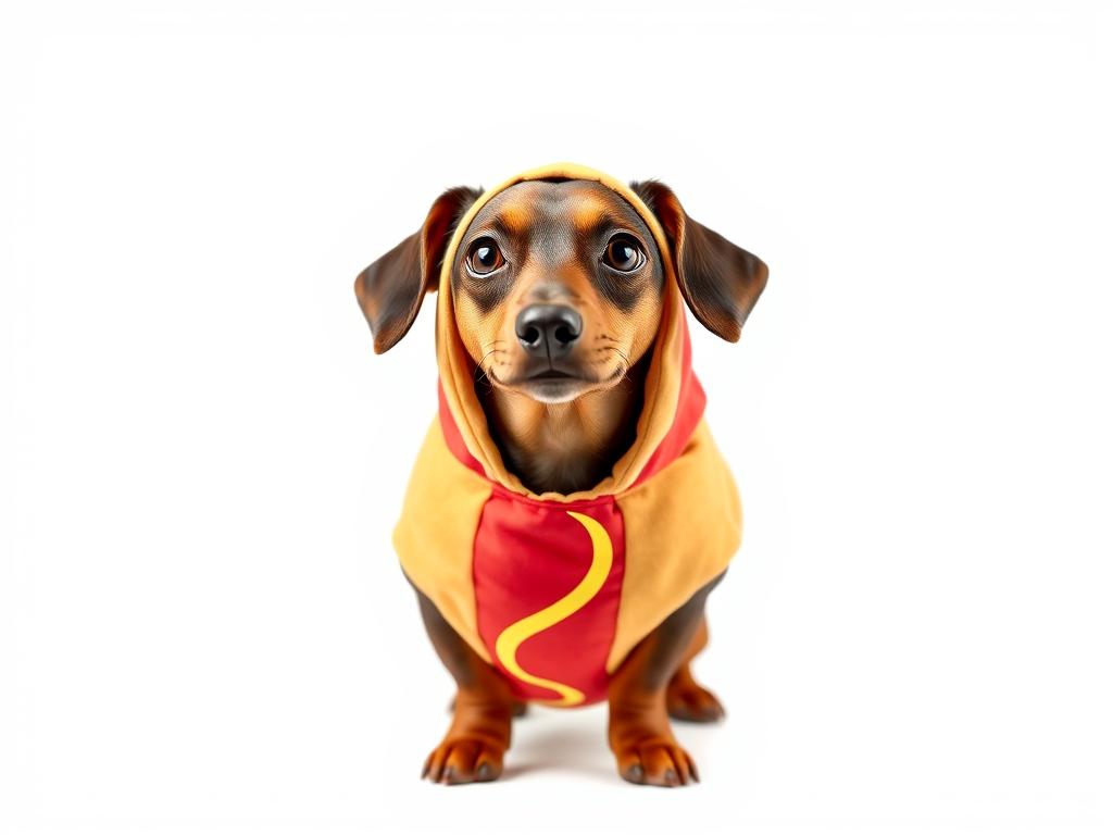 Small dog wearing a hot dog costume for Halloween