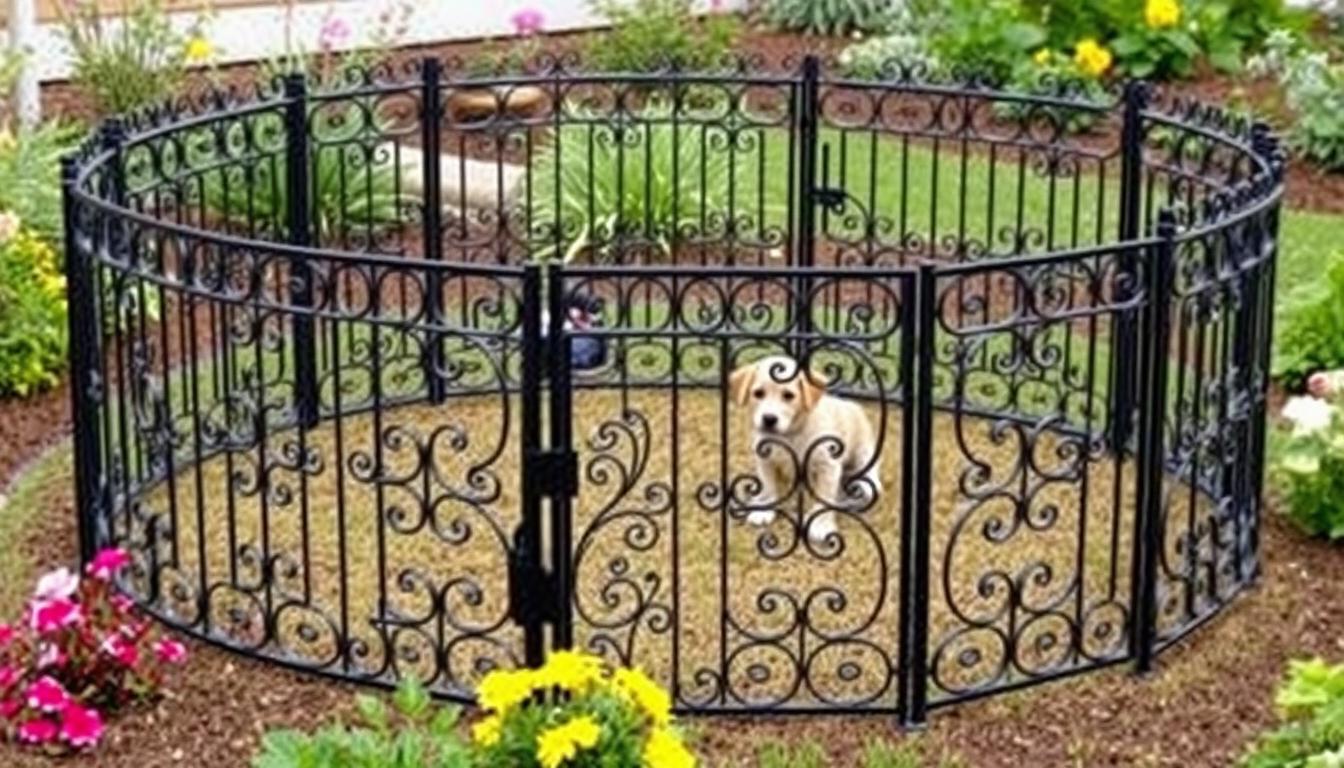 Stylish DIY outdoor puppy pen made from decorative garden fence panels Stylish DIY outdoor puppy pen made from decorative garden fence panels