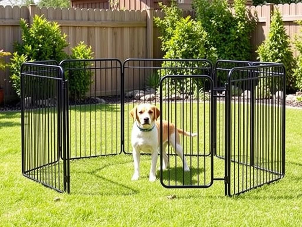 Amazon Basics Foldable Metal Pet Exercise Pen with a dog inside