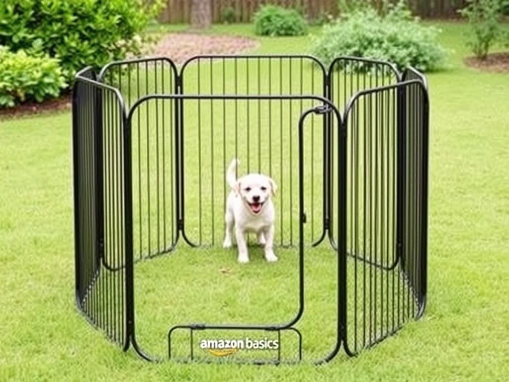 Amazon Basics Foldable Metal Pet Exercise Pen with small dog inside