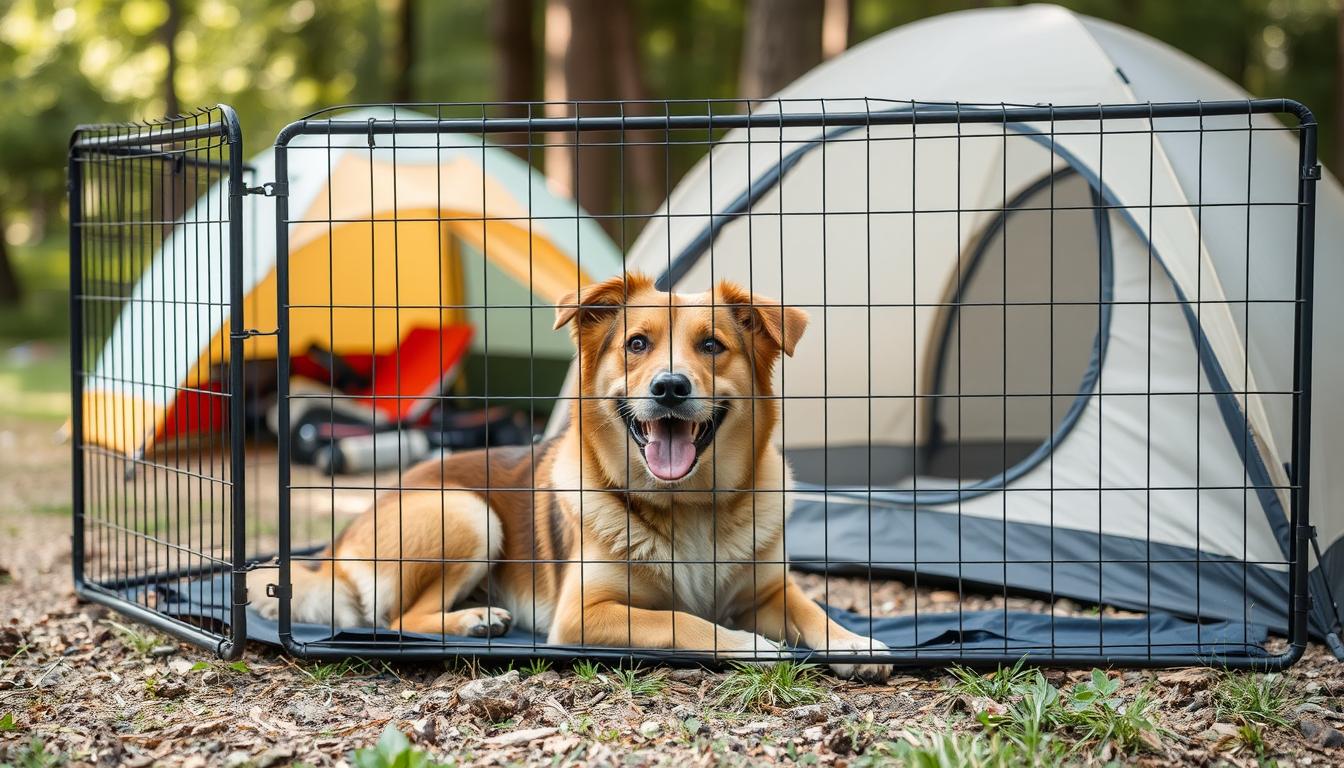 Dog relaxing in a portable fence at a campsite with trees and tent in background