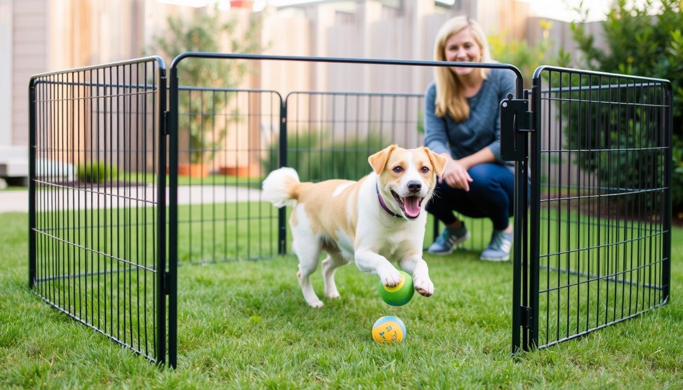Happy dog enjoying safe play area in affordable fence