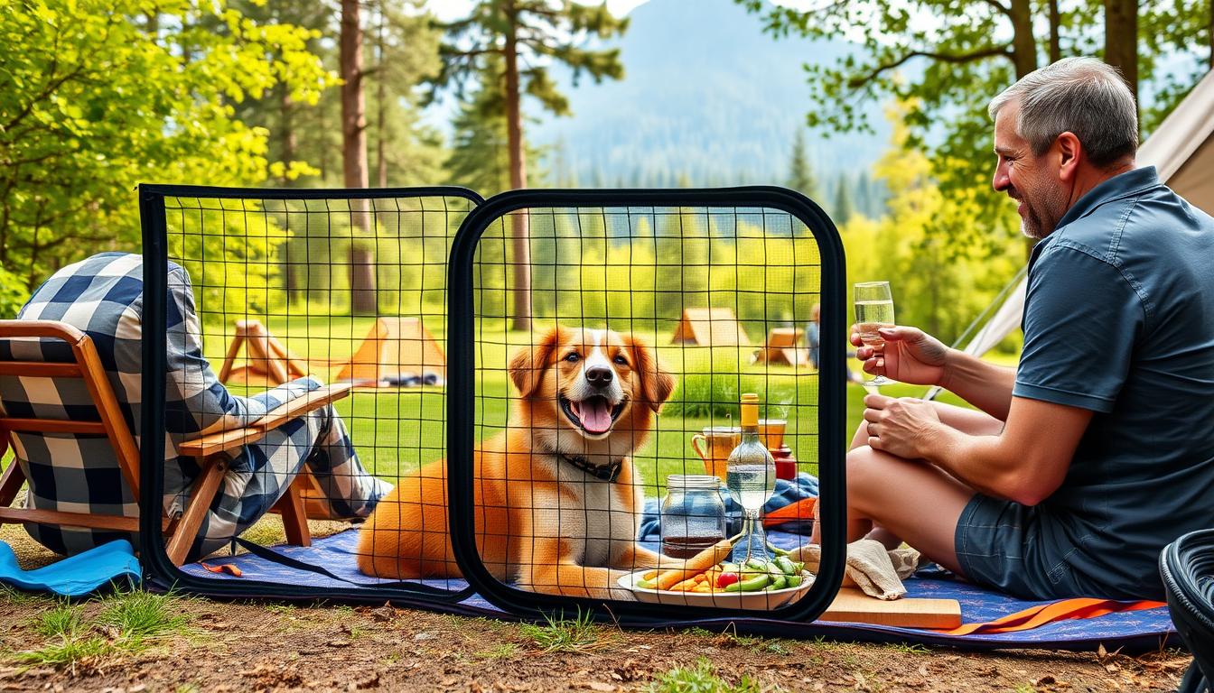 Happy dog in portable fence with owners enjoying camping in background