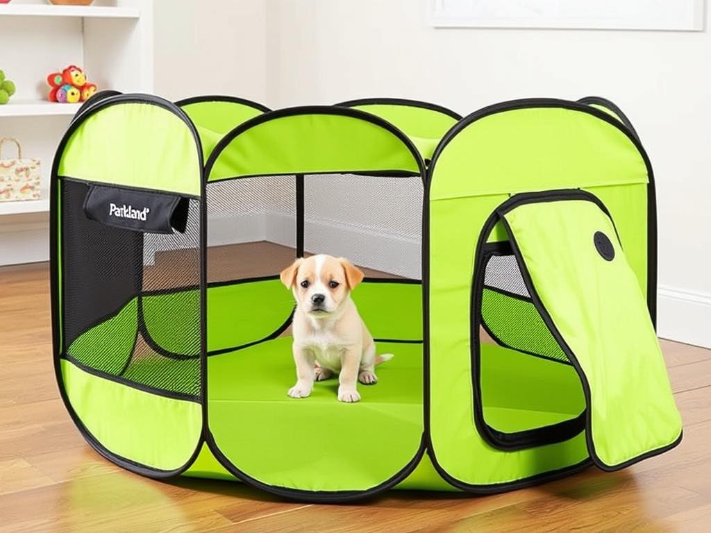 Parkland Foldable Pop-Up Dog Playpen with puppy inside