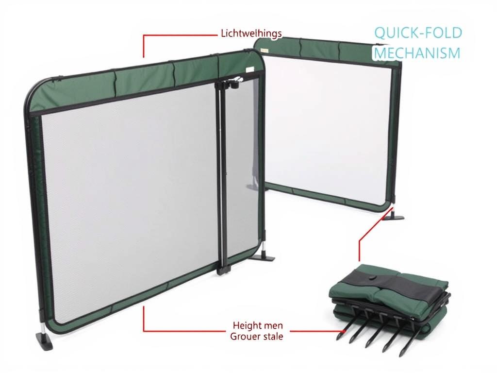 Portable dog fence features highlighted showing foldability, height, and stakes