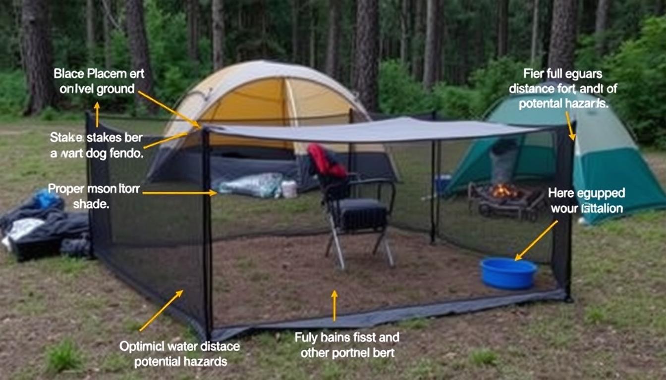 Portable dog fence set up at a campsite with practical tips illustrated